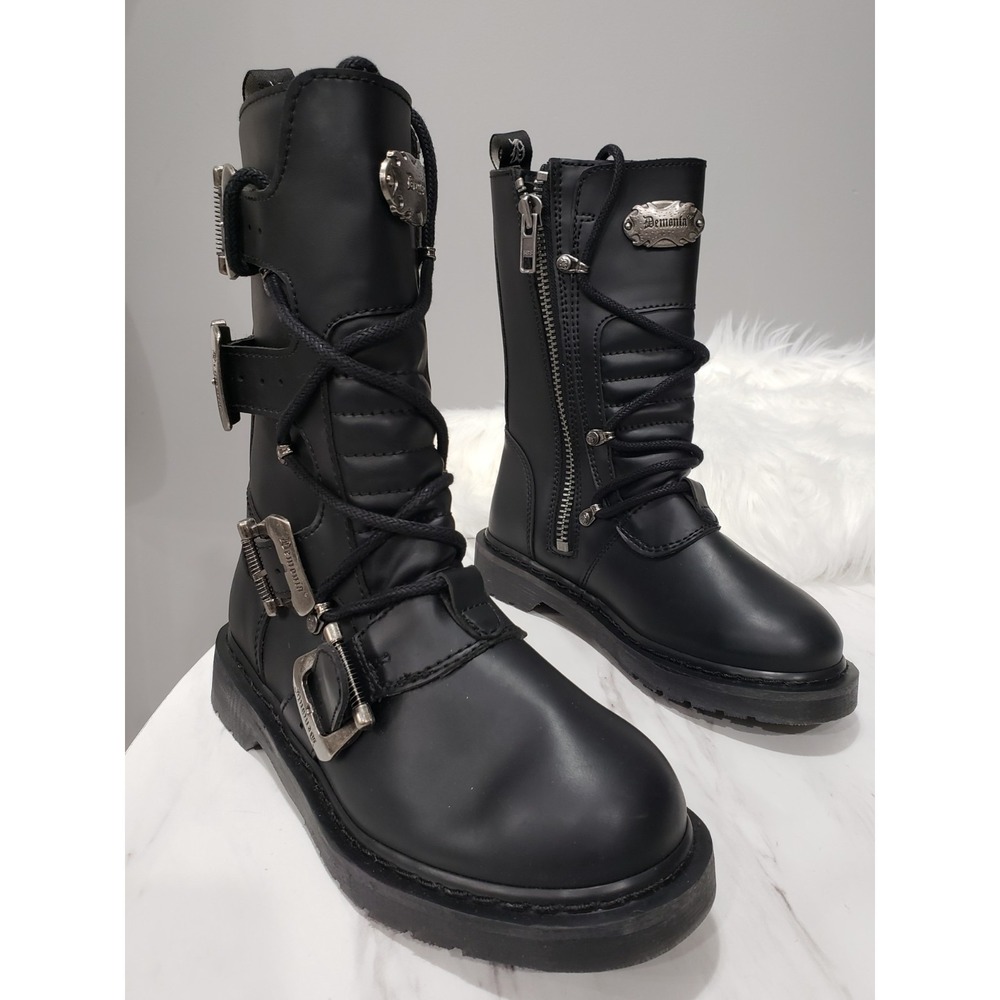 NEW MENS 6 / WOMENS 8 DEMONIA BOLT-265 Punk Combat Biker Black Buckles Boots